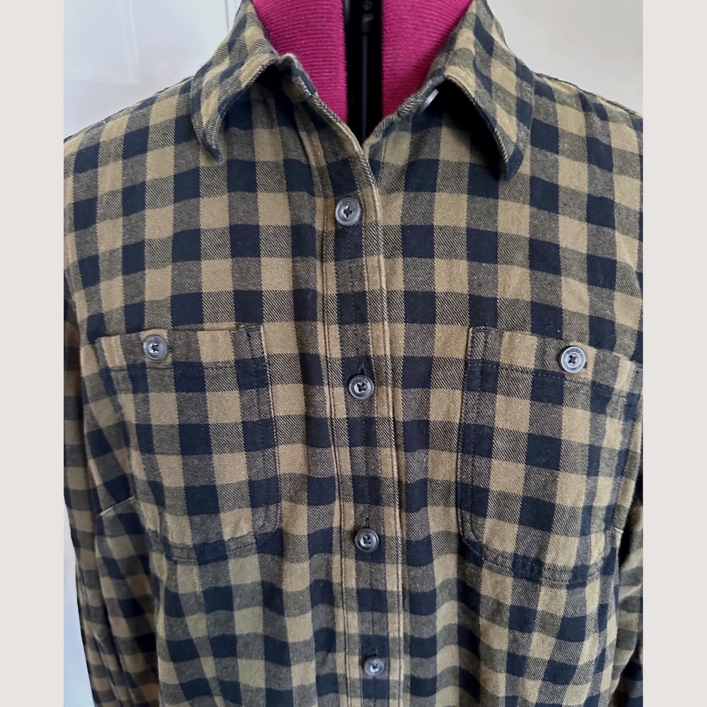 Duluth Trading Co Mens Flannel Shirt L Olive Green Black Buffalo Plaid Cotton